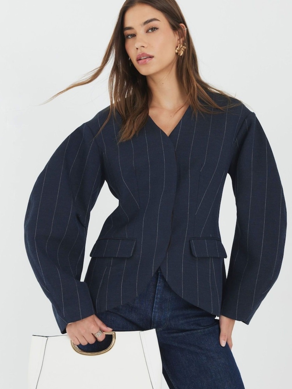 River Island Studios Blue Pinstripe Cocoon Sleeve Blazer Jacket Barrel Trendy